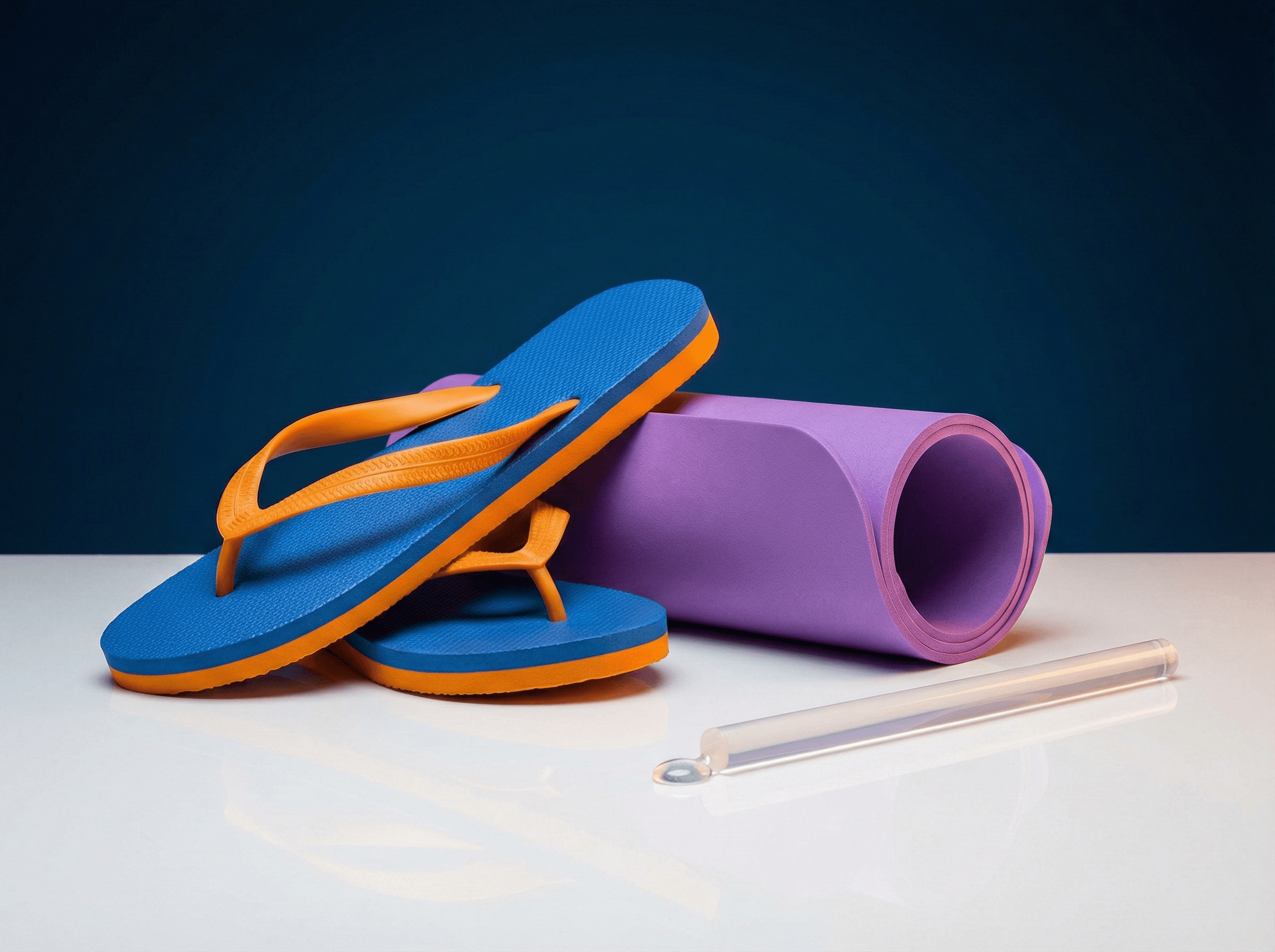 Linha de produtos de EVA: solados de chinelos de espuma EVA coloridos, placa de espuma EVA para artesanato e bastão de adesivo hot-melt transparente de EVA demonstrando flexibilidade, amortecimento e propriedades de colagem