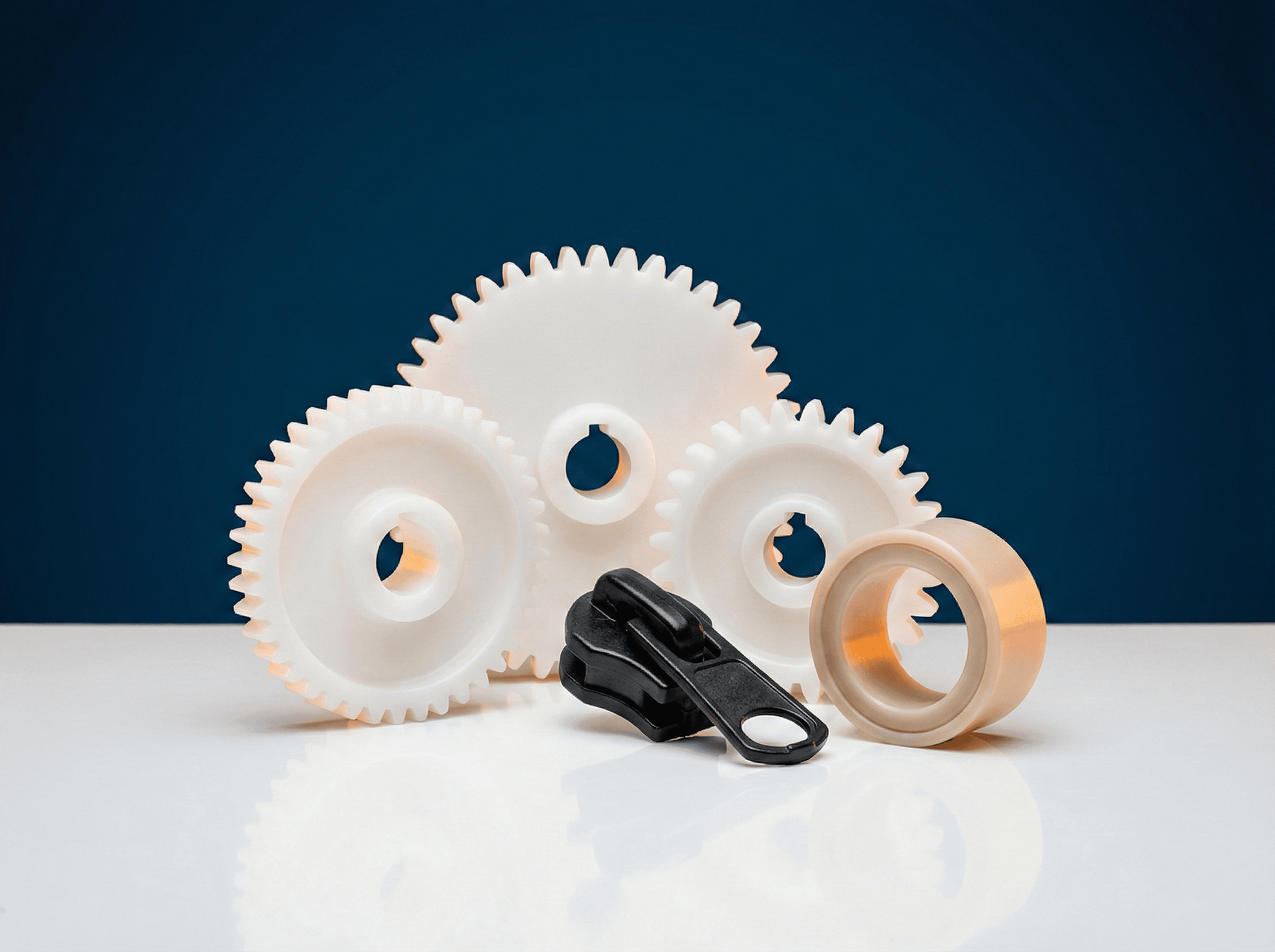 POM polyacetal product range: precision injection-molded gear assembly, automotive fuel system component, and low-friction bearing insert showcasing dimensional stability, mechanical precision, and fatigue resistance