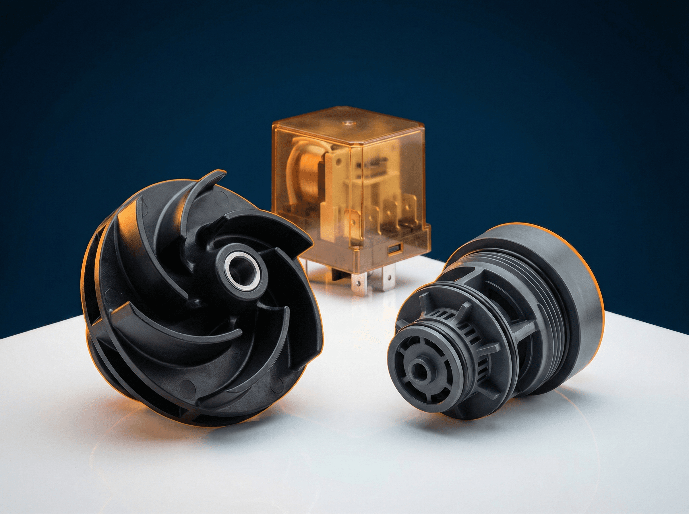 Linha de produtos PPS: rotor de bomba de refrigeração automotiva reforçado com fibra de vidro, corpo de válvula preto resistente a produtos químicos e conector elétrico aeroespacial de precisão demonstrando resistência térmica, inércia química e estabilidade dimensional