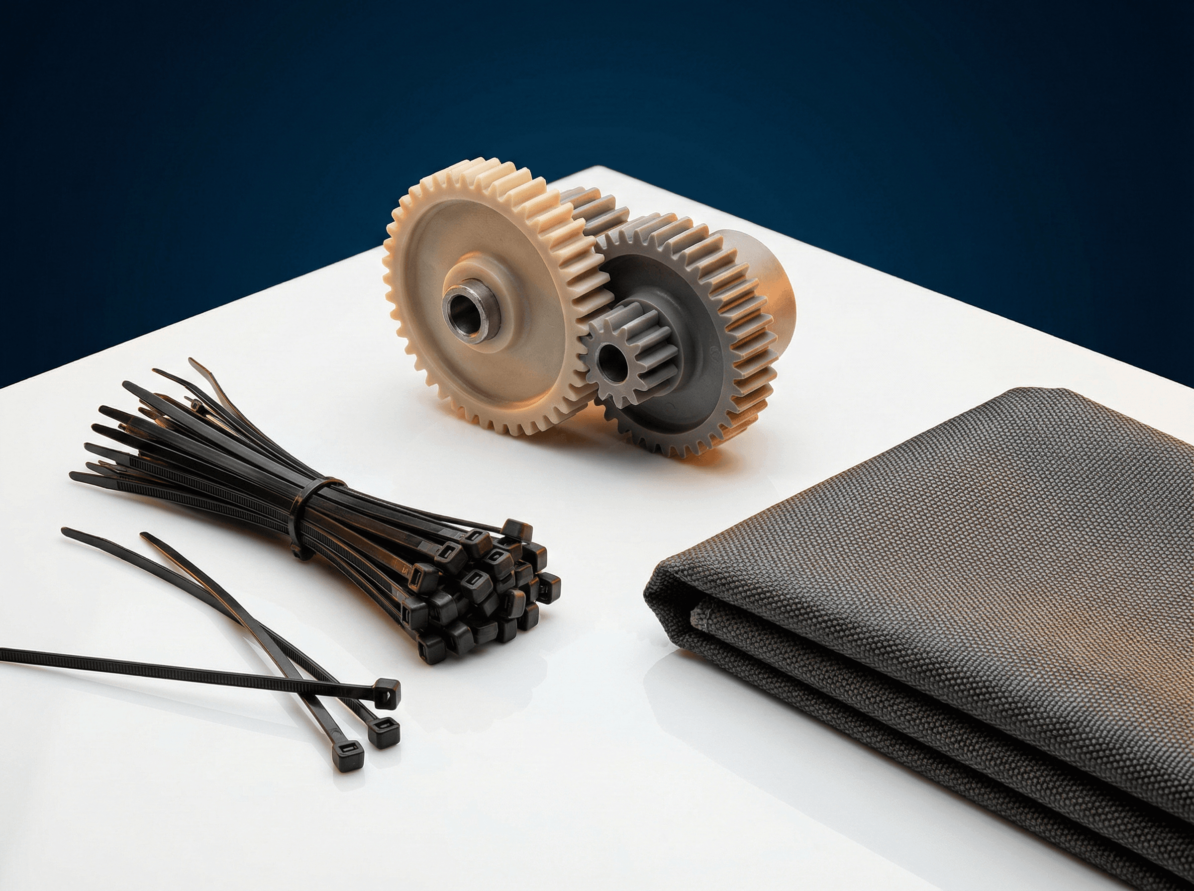 Linha de produtos PA poliamida nylon: engrenagens de precisão moldadas por injeção, conector automotivo para compartimento do motor e componente estrutural reforçado com fibra de vidro demonstrando resistência ao desgaste, resistência mecânica e desempenho de grau de engenharia