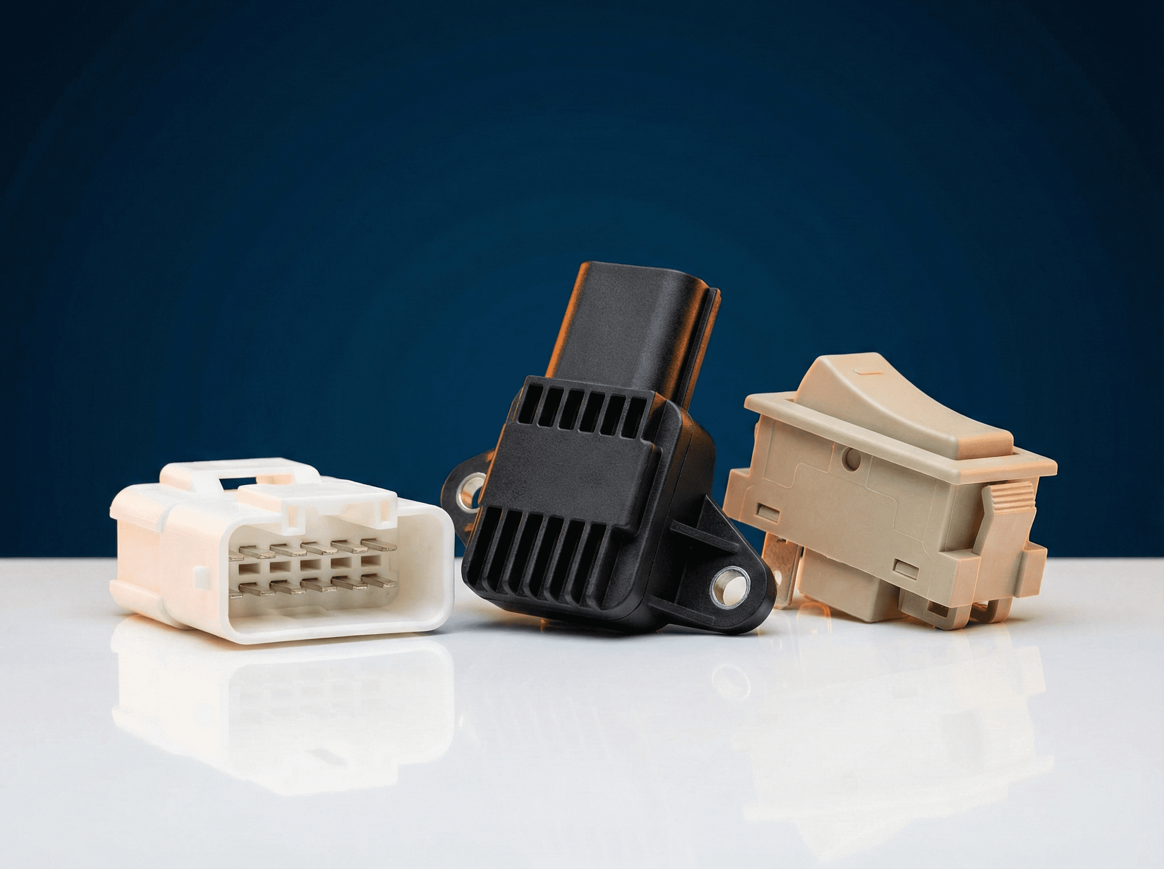 Linha de produtos PBT: carcaça de conector automotivo reforçado com fibra de vidro, gabinete preto de relé elétrico e férula de fibra óptica com carga mineral demonstrando precisão dimensional, isolamento elétrico e resistência química