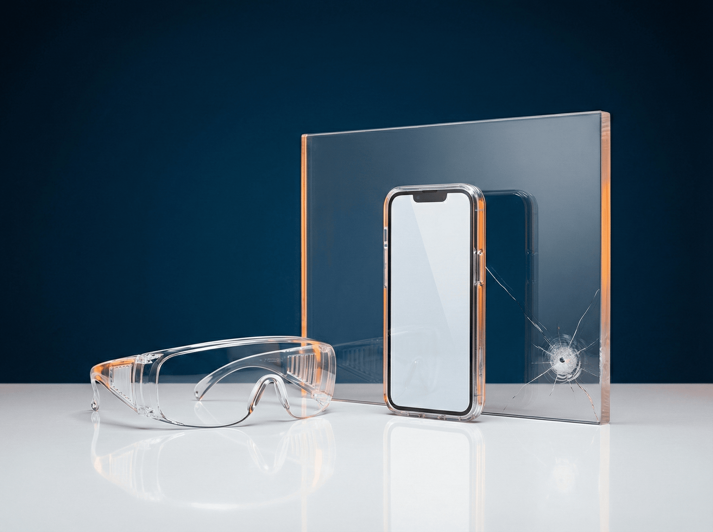 Linha de produtos PC policarbonato: lente automotiva de farol com claridade cristalina, painel de envidraçamento de segurança resistente a impacto e gabinete eletrônico retardante de chama demonstrando claridade óptica, tenacidade e resistência térmica