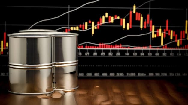 Brent crude oil barrels with stock market background representing oil price volatility in the Hormuz crisis