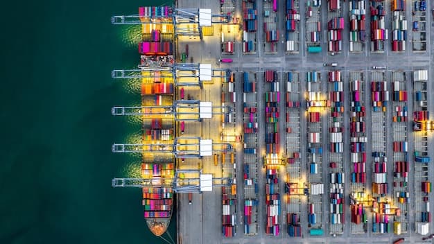 Container ship loaded with cargo at a global shipping port representing polyethylene trade route realignment in 2026