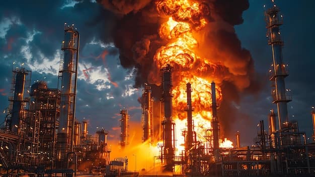 Major fire at an industrial oil refinery with black smoke representing Israel strikes on Iran petrochemical capacity